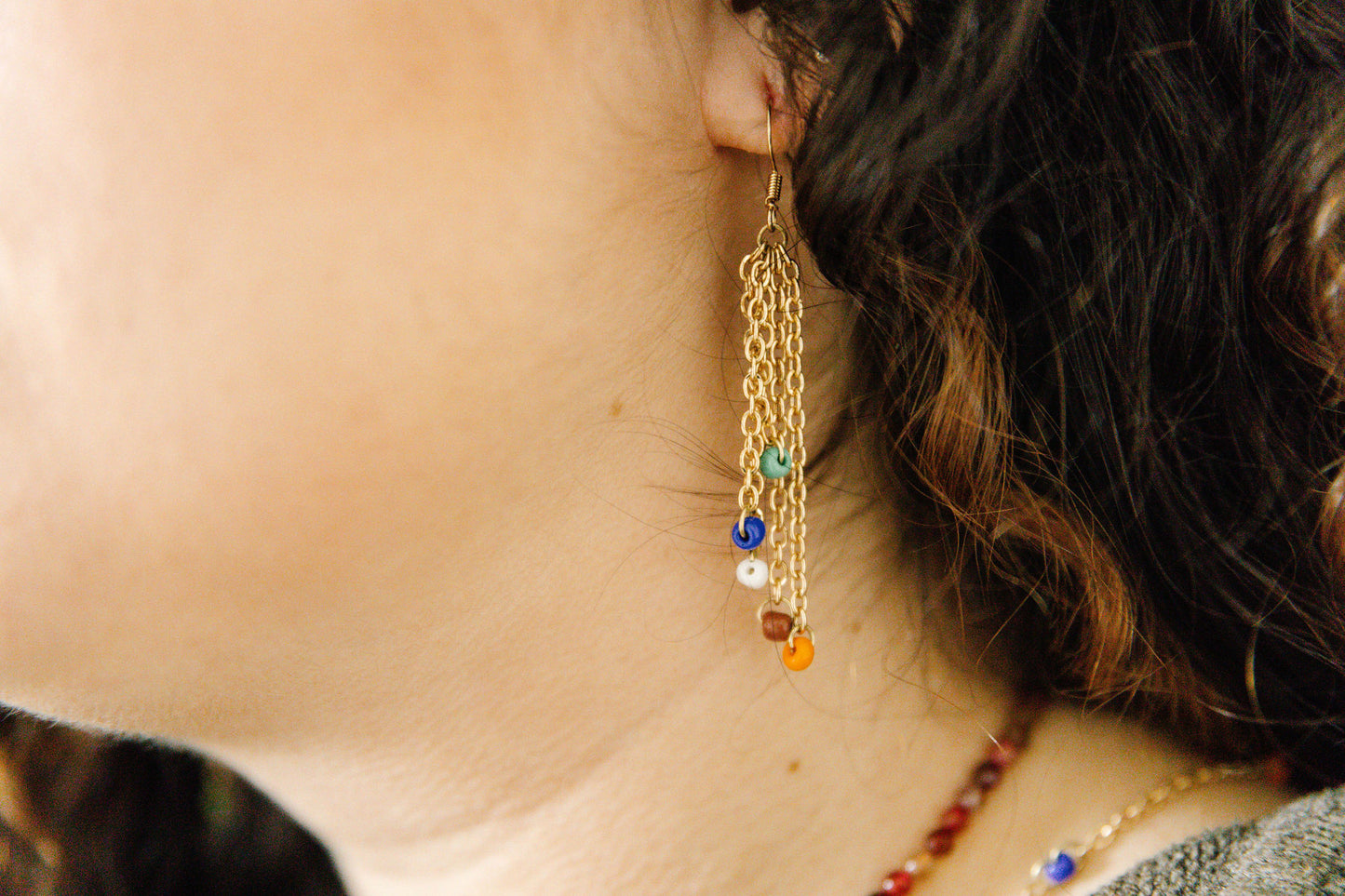 Multicolor Seed Bead Link Chain Earring